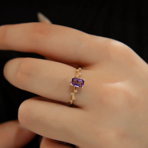 Octagon Cut Amethyst Ring, 14K Solid Gold Ring