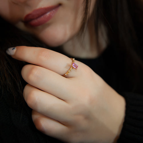 Octagon Cut Pink Ring, 14K Solid Gold Ring