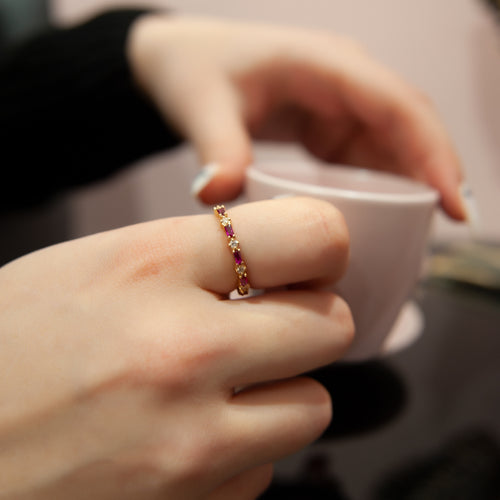 Ruby Baguette Cut Eternity Ring, 14K Solid Gold Half Eternity Wedding Band