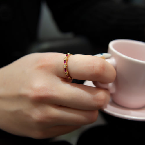 Ruby Baguette Cut Eternity Ring, 14K Solid Gold Half Eternity Wedding Band