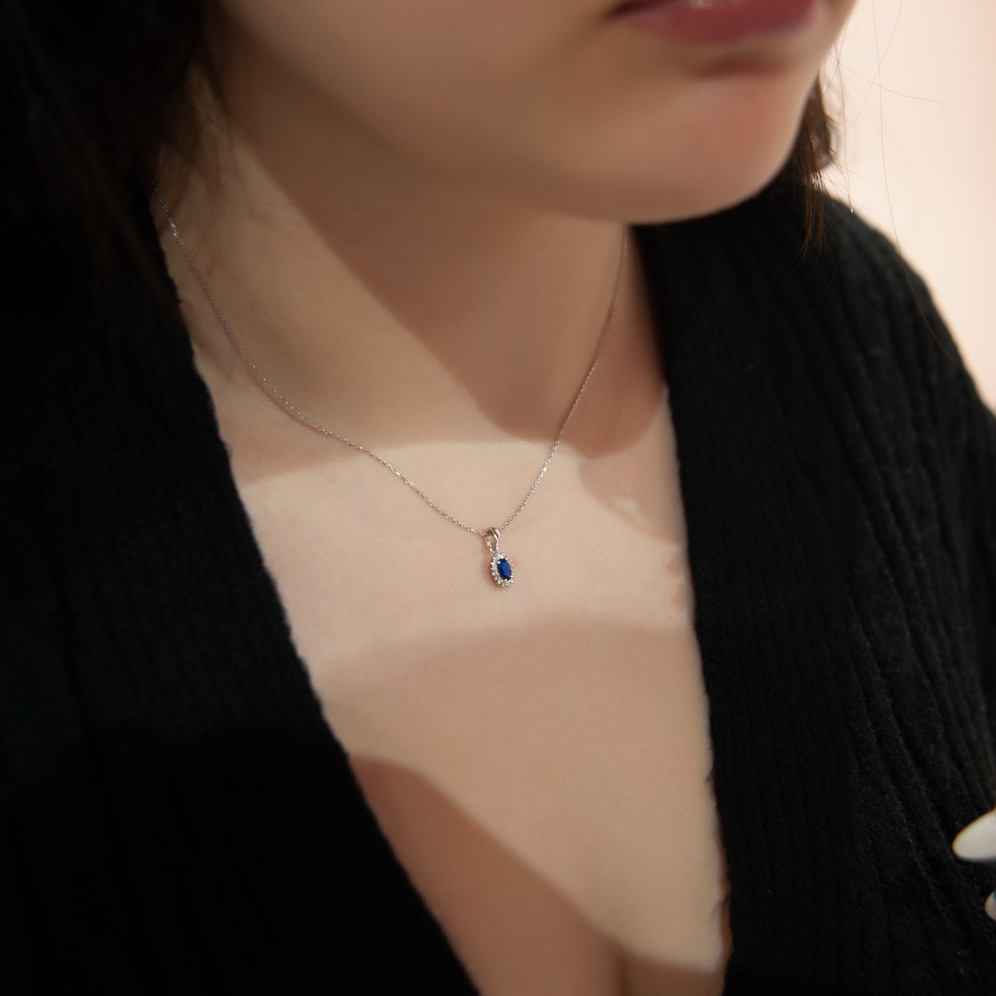 14K Solid White Gold Oval Cut Sapphire Necklace, 0.64 Carat Halo Necklace