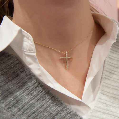 Diamond Cross Necklace, Unique Religious Jewelry, Pendant Necklace, Dainty Gold Necklace