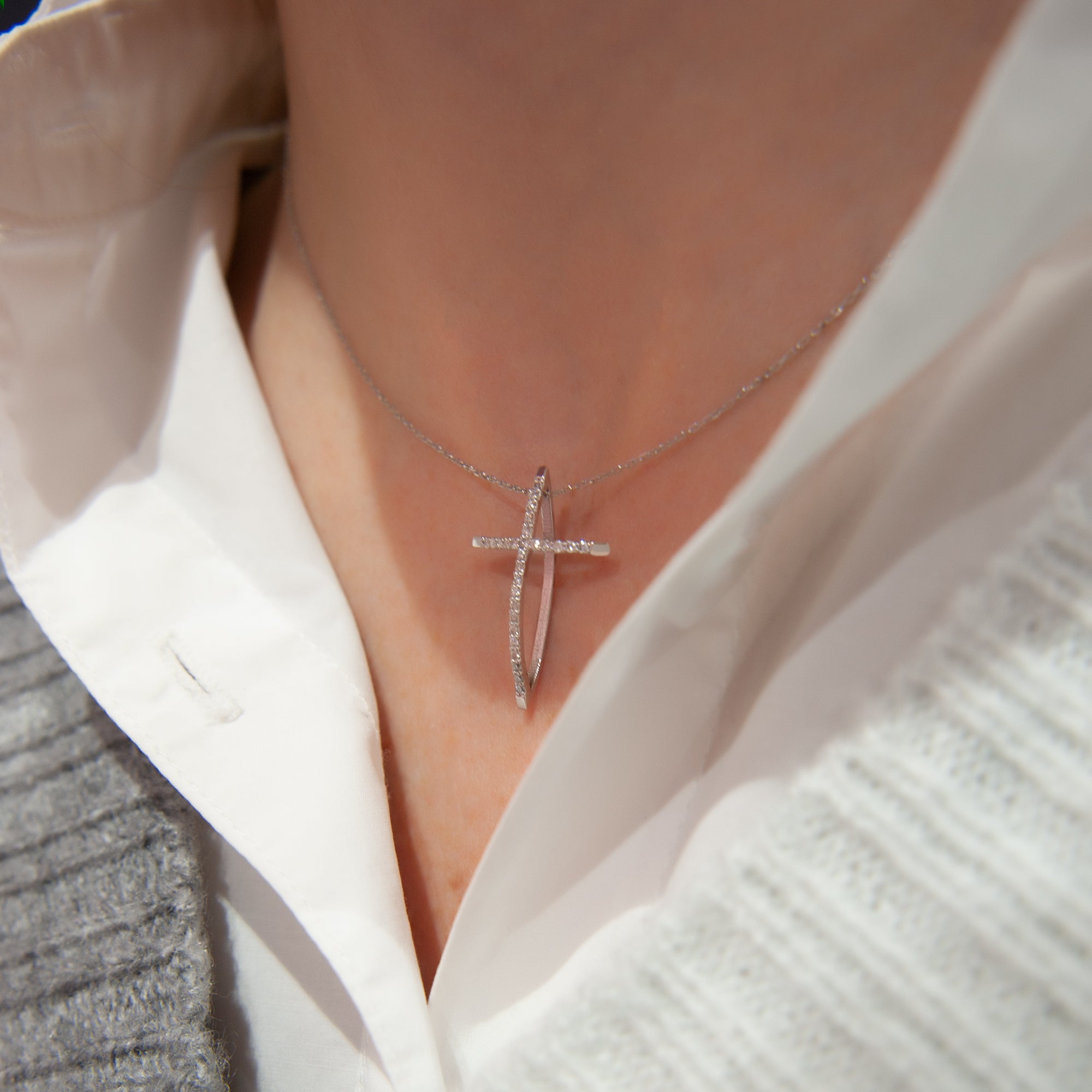 Diamond Cross Necklace, 14K Art Deco 0.20 CT, Religious Jewelry, Communion Gift