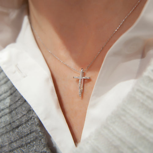 14K White Gold Cross Necklace, 0.14 Ct Diamond Cross Necklace, Art Deco Cross Pendant