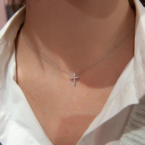 White Gold Cross Necklace, 0.10 CT Diamond Cross Necklace, Minimalist Cross Pendant