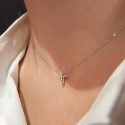 White Gold Cross Necklace, 0.10 CT Diamond Cross Necklace, Minimalist Cross Pendant