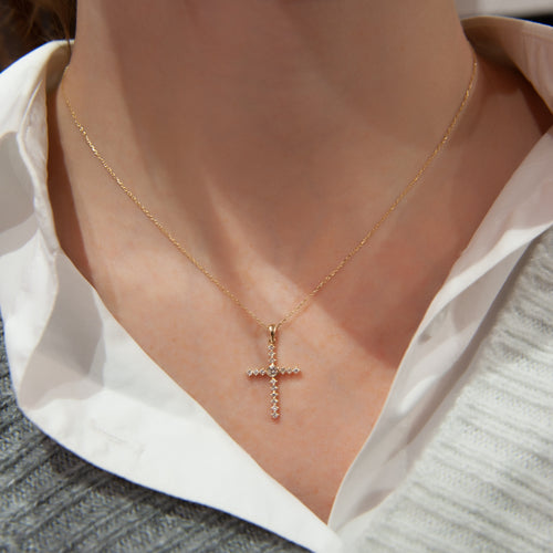 14K Gold 0.07 Ct Diamond Cross Necklace, Christian Cross Pendant, Dainty Cross Jewelry