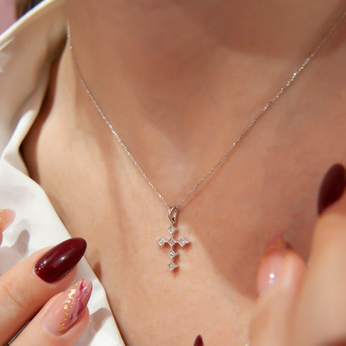 0.08 Carat Diamond Cross Necklace, Art Deco Necklace, Dainty Cross Pendant