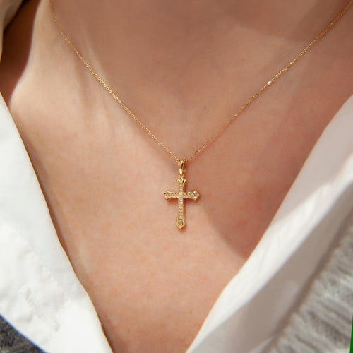 0.13 CT Diamond Cross Necklace, 14K Gold Cross Necklace