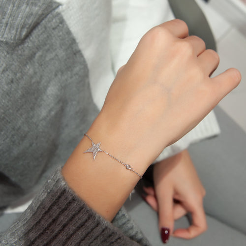 14K White Gold Diamond Star Bracelet,