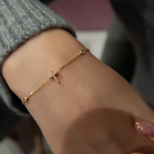 14K Solid Gold Diamond Cross Bracelet, Religious Charm Bracelet, Dainty Diamond Cross Bracelet