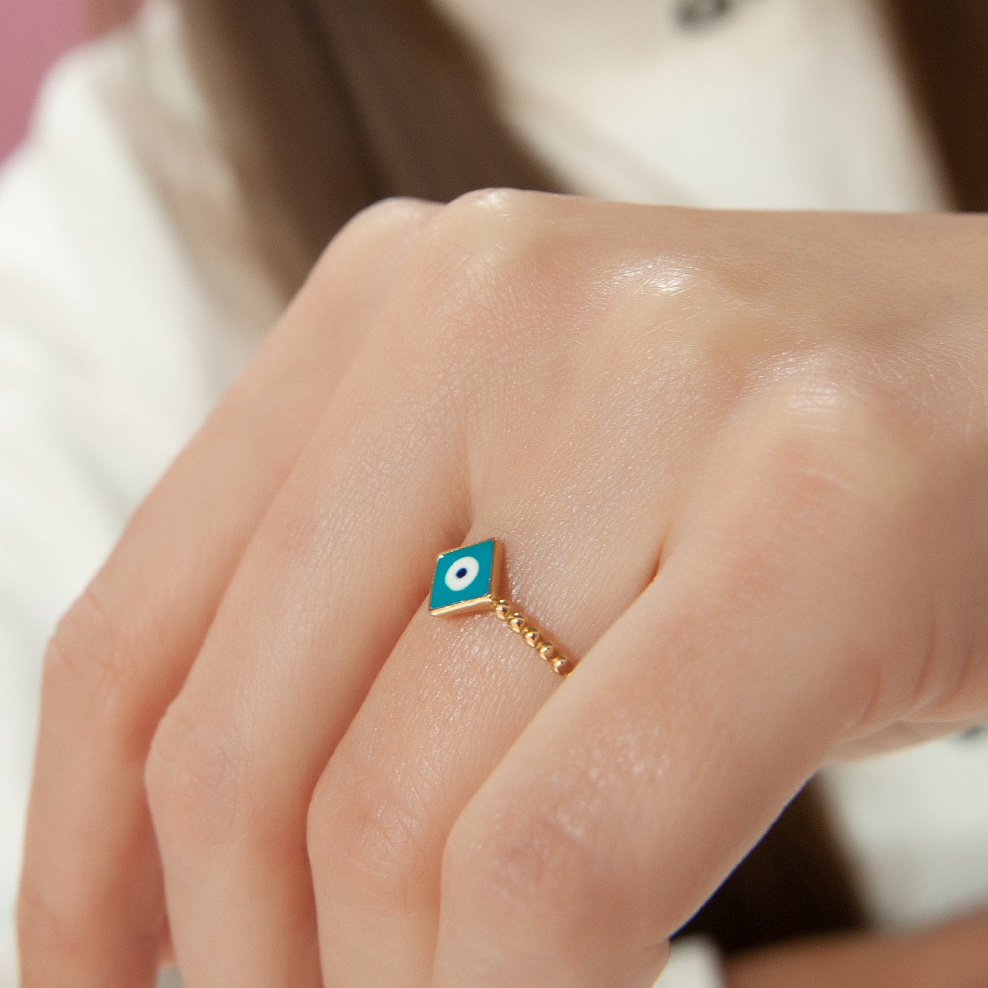 14K Solid Gold Evil Eye Ring, Positive Energy Ring, Gold Ring