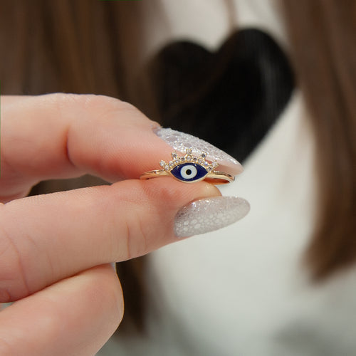 14K Solid Navy Blue Evil Eye Beaded Eye Ring