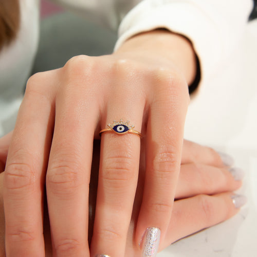 14K Solid Navy Blue Evil Eye Beaded Eye Ring