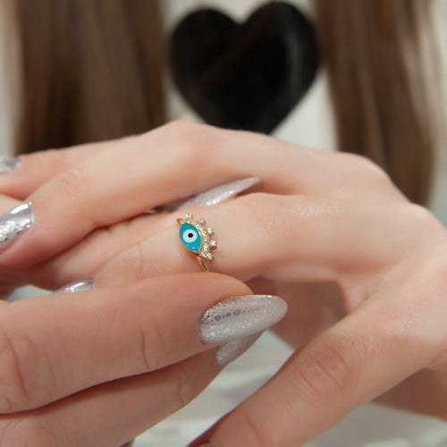 14K Solid Blue Evil Eye Beaded Eye Ring