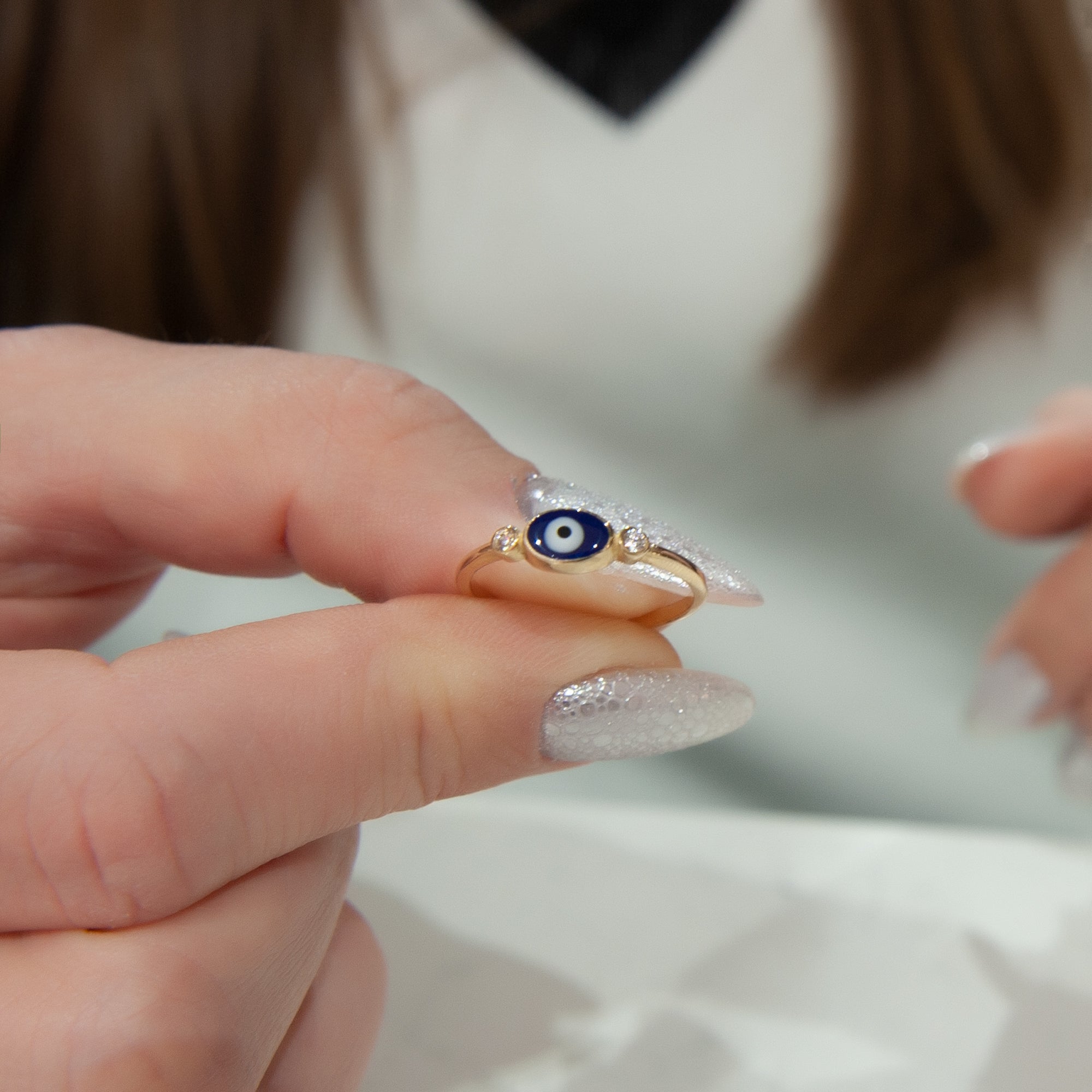 14K Yellow Gold Blue Evil Eye Ring