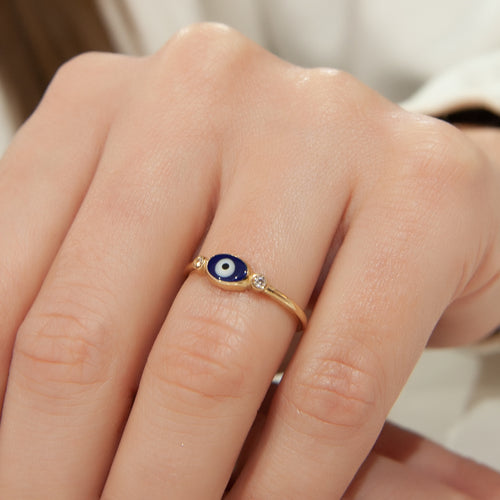 14K Yellow Gold Blue Evil Eye Ring