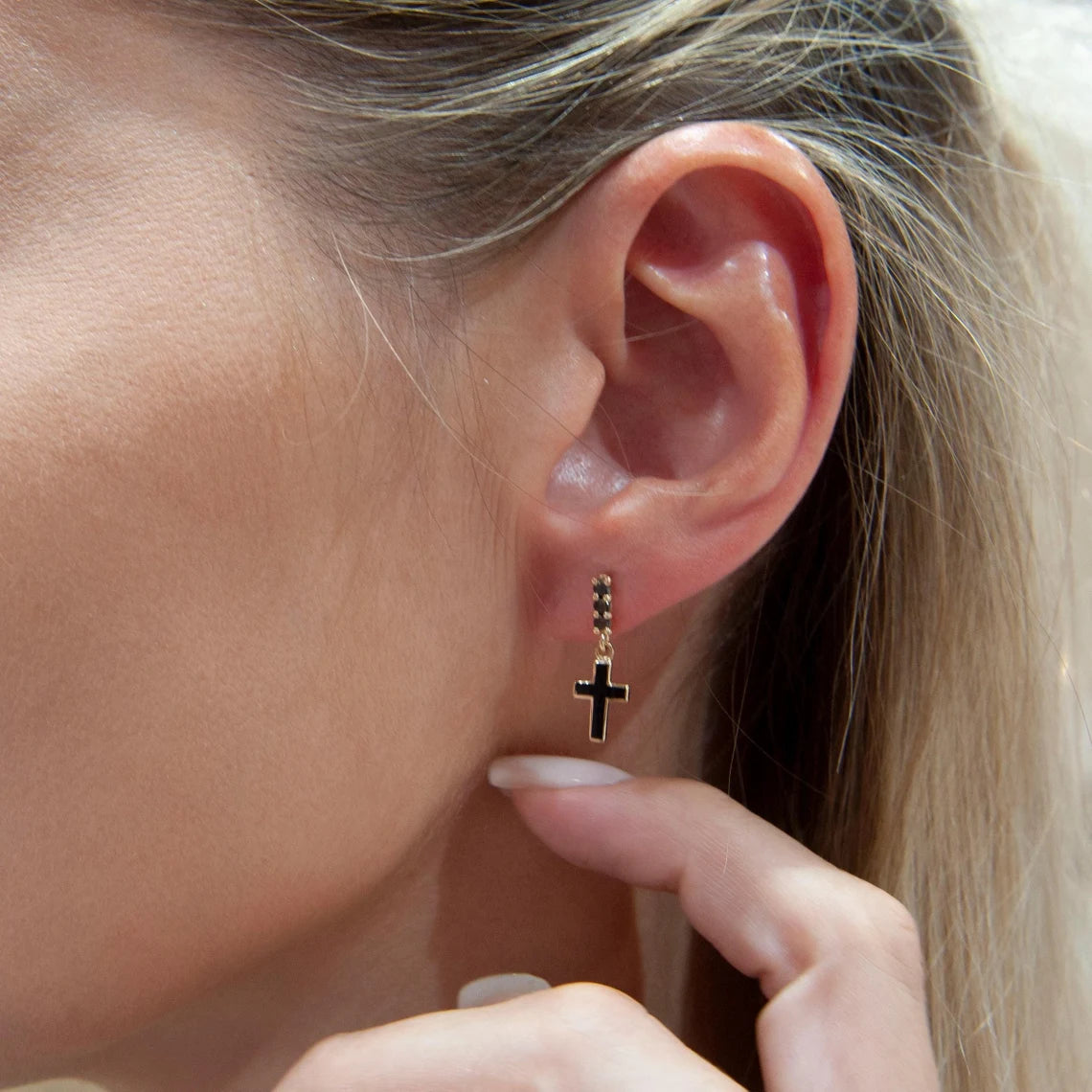 14K Gold Black Enamel Cross Earrings / Gothic Jewelry for Women