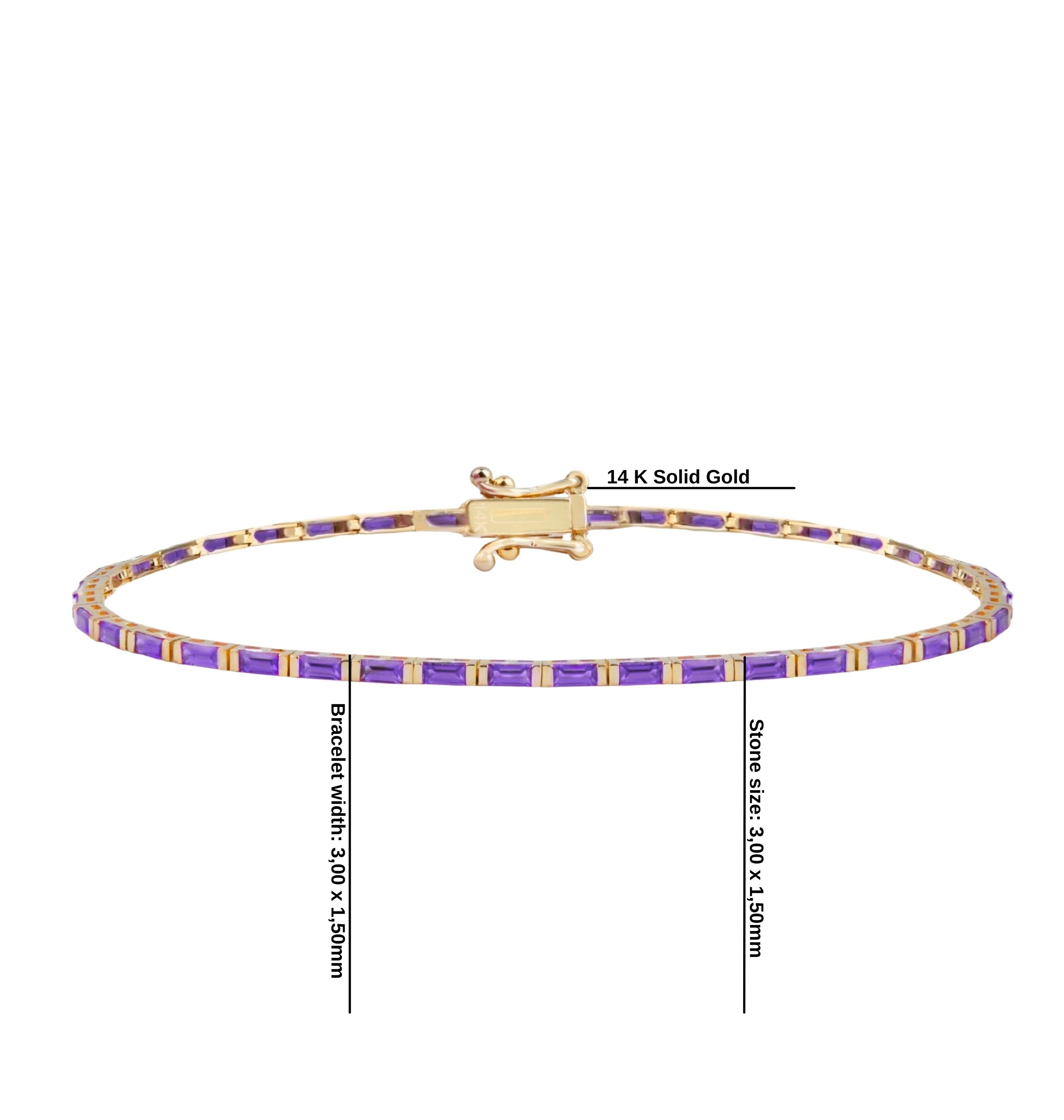 14K Gold Baguette Amethyst Tennis Bracelet / Dainty Amethyst Line Bracelet in Solid Gold