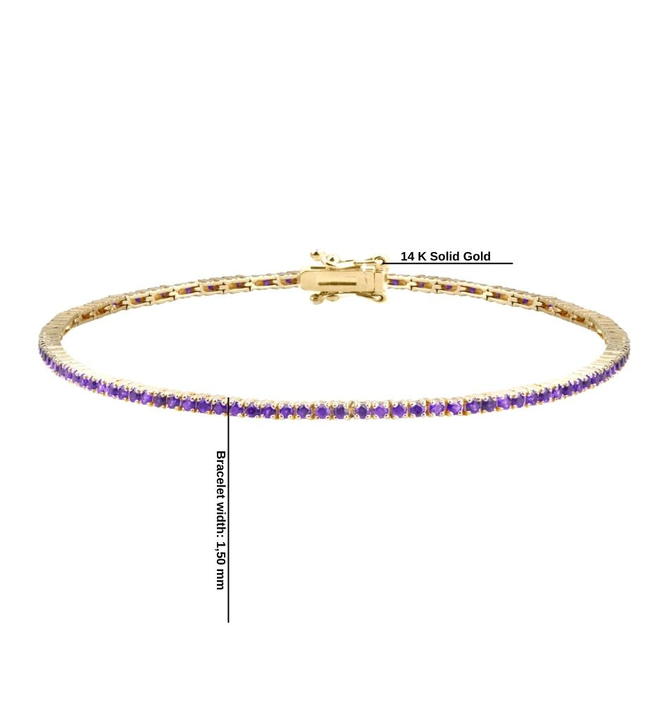 14K Solid Gold Amethyst Tennis Bracelet / Purple Gemstone Line Bracelet