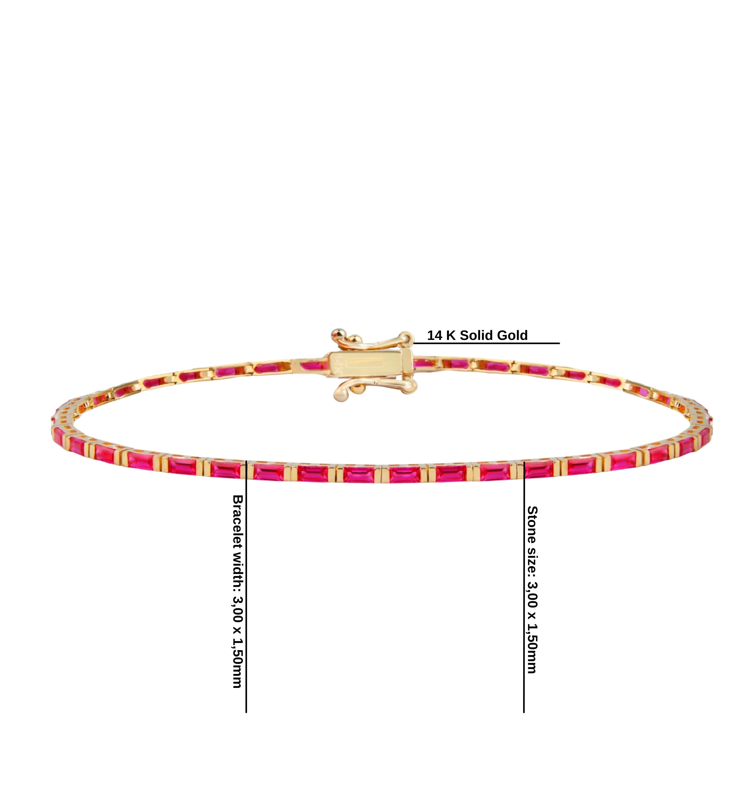 14K Gold Ruby Baguette Tennis Bracelet / Red Gemstone Line Bracelet