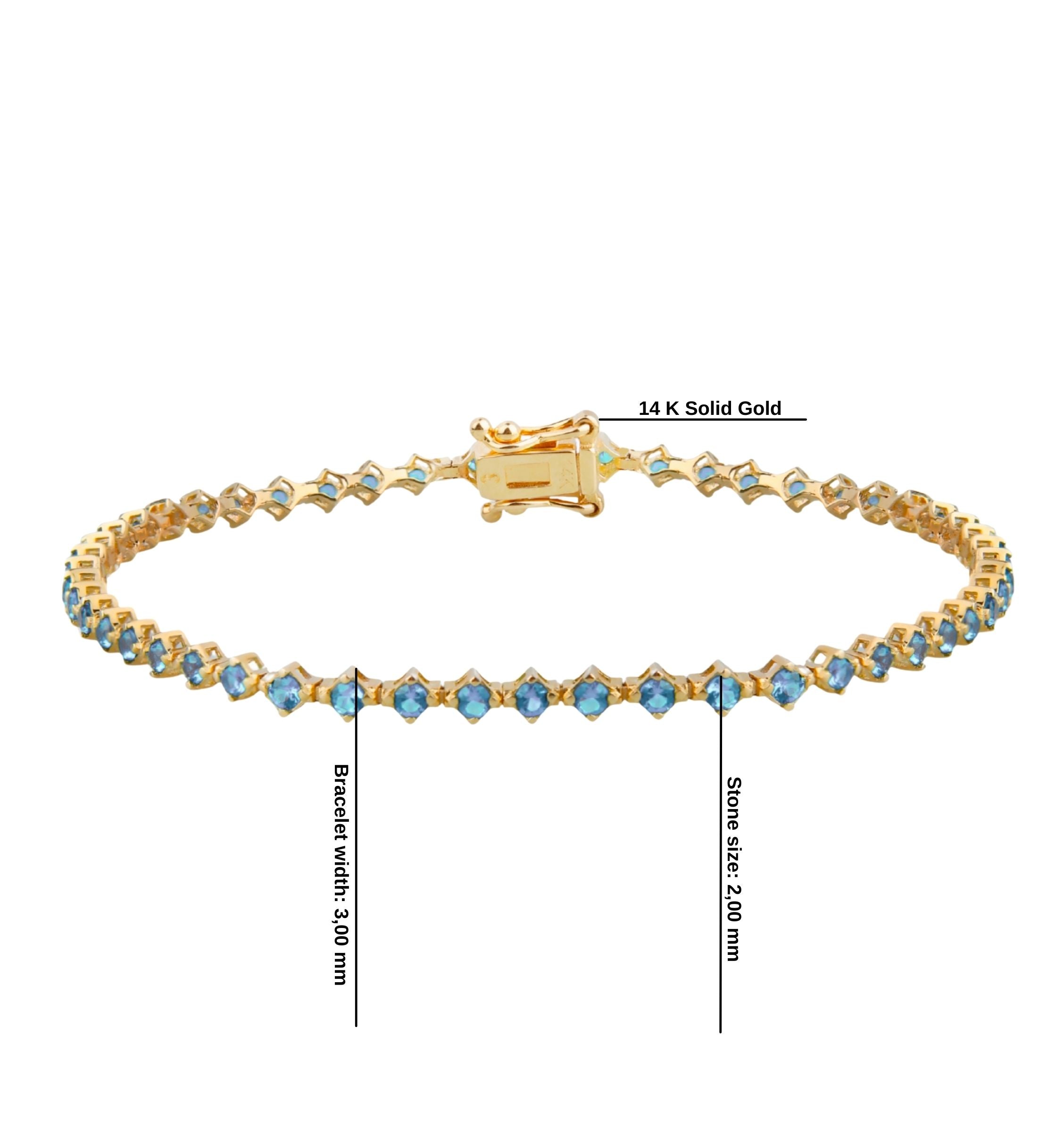14K Solid Gold Aquamarine Tennis Bracelet / Delicate Waterway Design