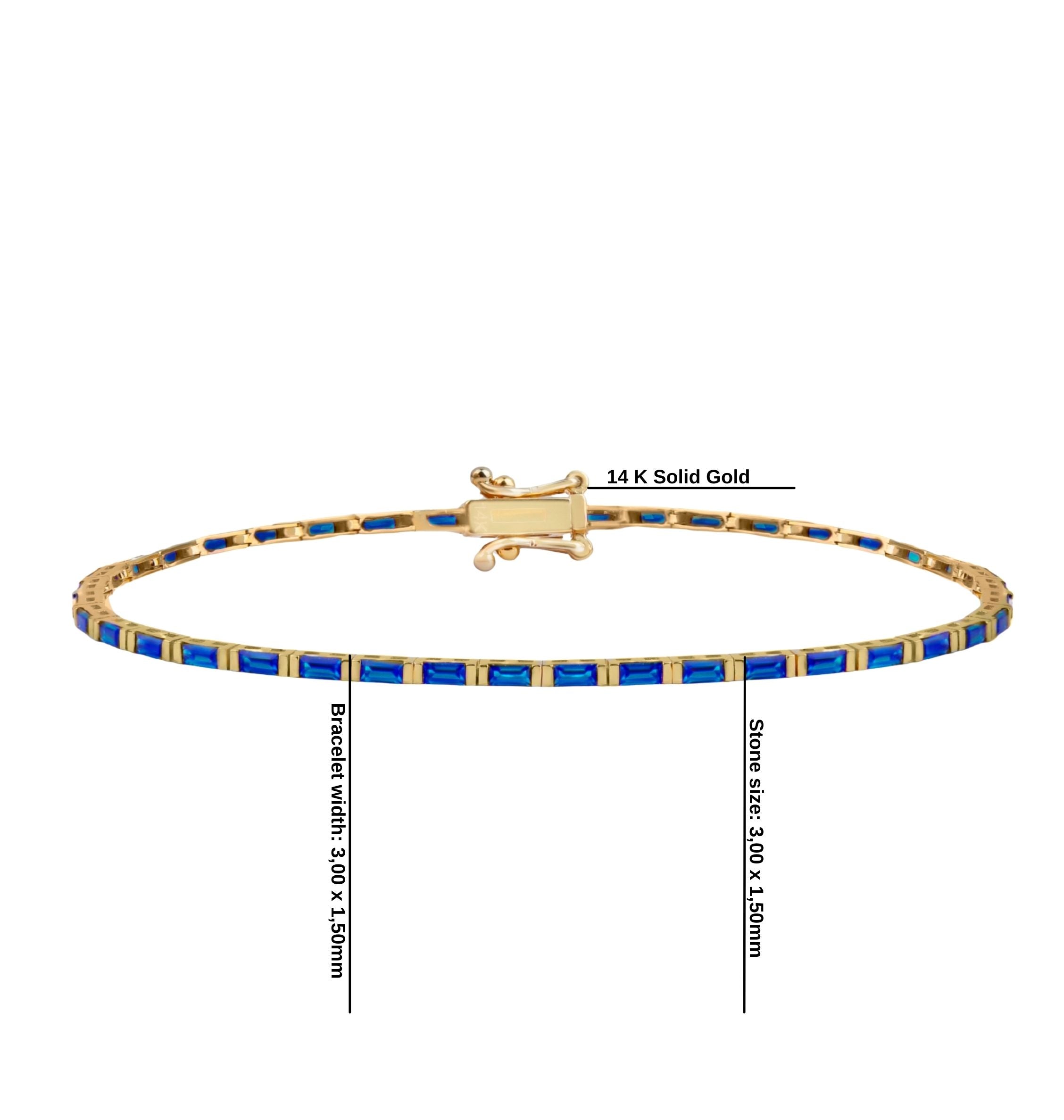 14K Gold Sapphire Baguette Tennis Bracelet / Solid Gold Blue Gemstone Line Bracelet