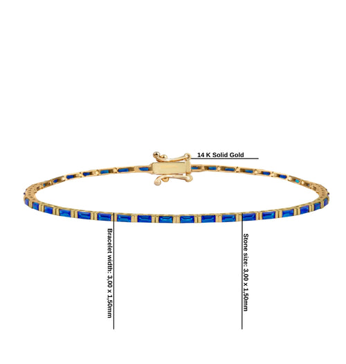 14K Gold Sapphire Baguette Tennis Bracelet / Solid Gold Blue Gemstone Line Bracelet