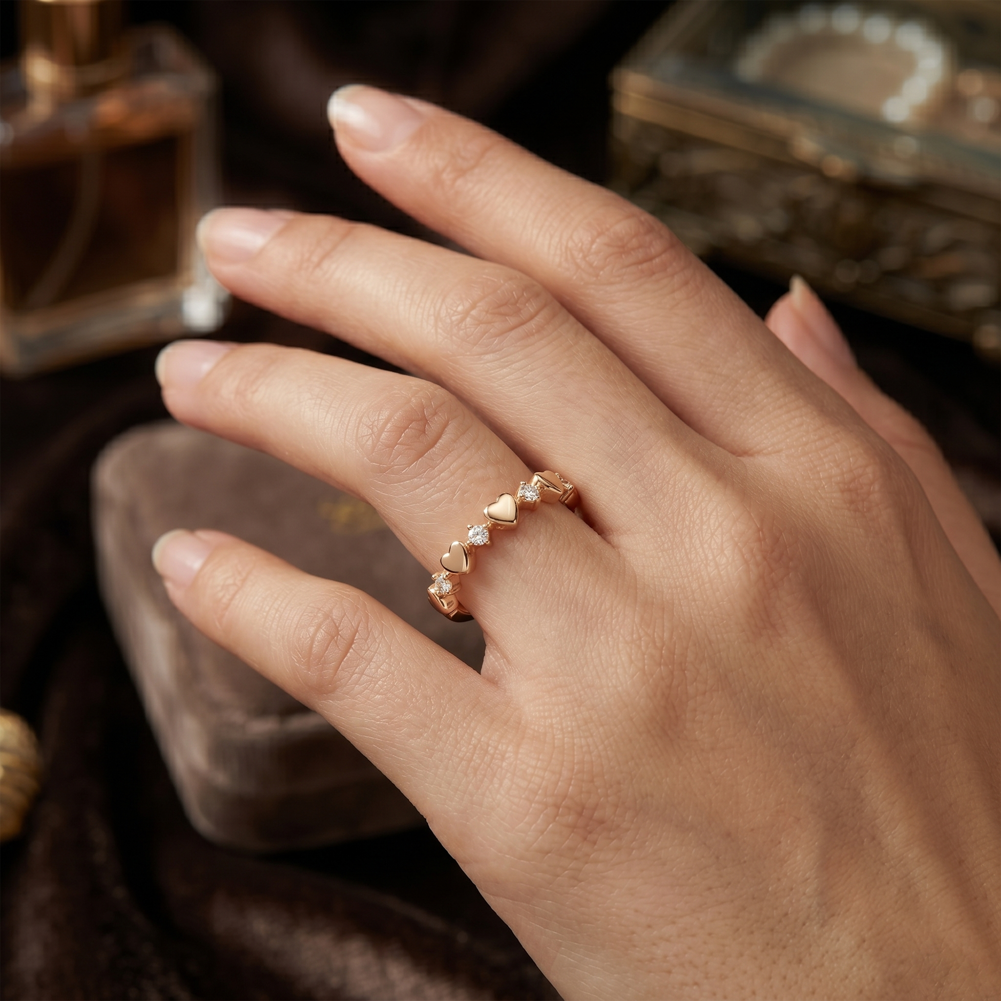 Diamond Stackable Heart Ring, Diamond Heart Band Ring, Love Heart Ring, 14K Gold Heart Ring