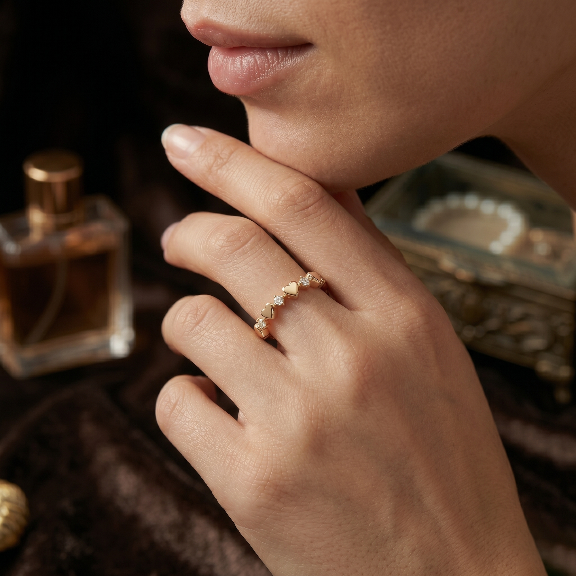 Diamond Stackable Heart Ring, Diamond Heart Band Ring, Love Heart Ring, 14K Gold Heart Ring