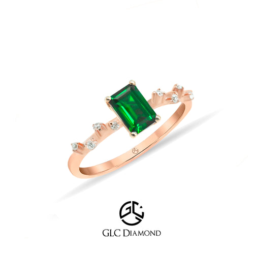 14K Diamond Octagon Cut Green Emerald Ring