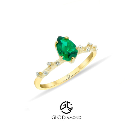 14K Solid Gold Pear Cut Emerald Engagement Ring