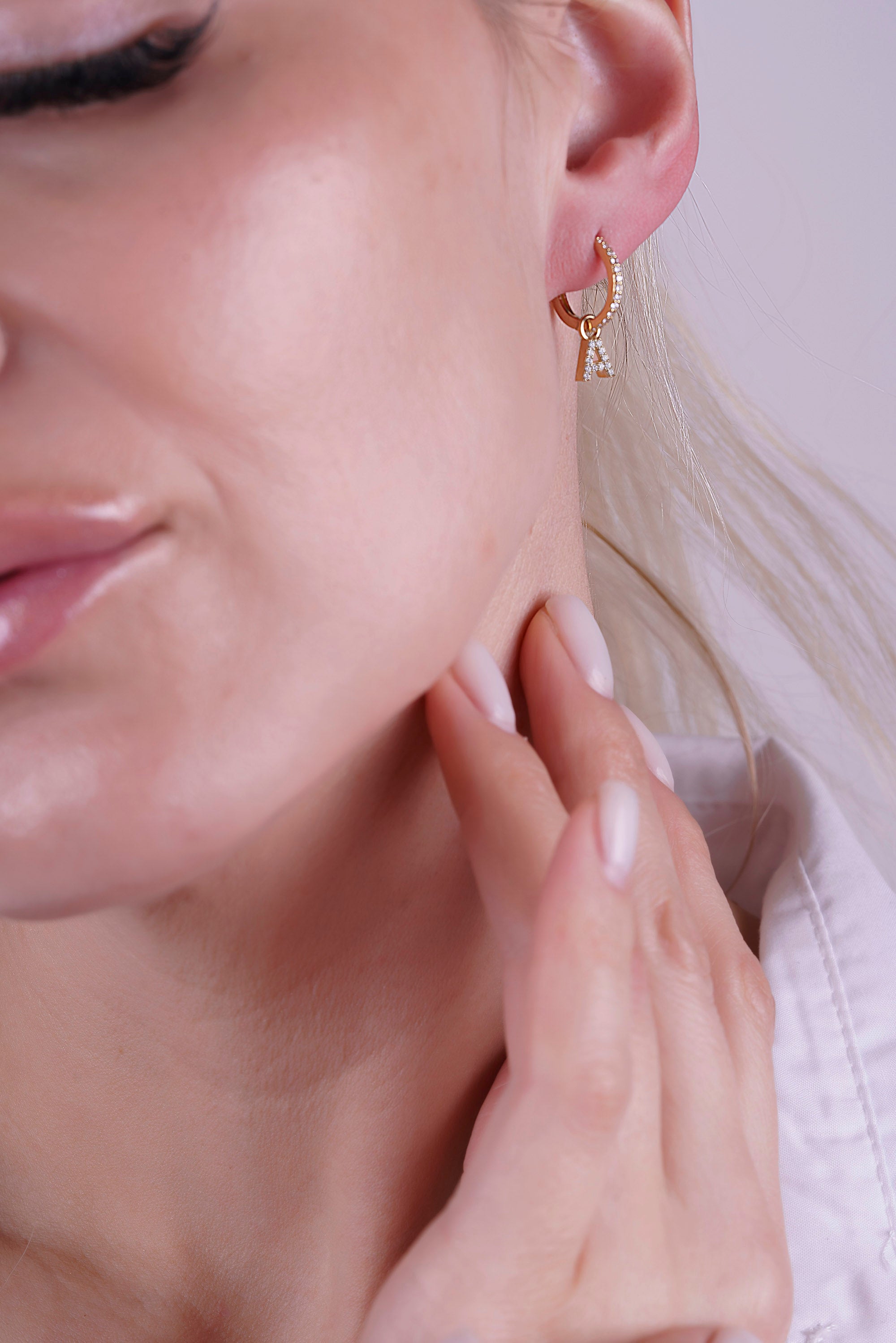 14K Gold Hoop Earrings / Initial Charm Plain Gold Hoop