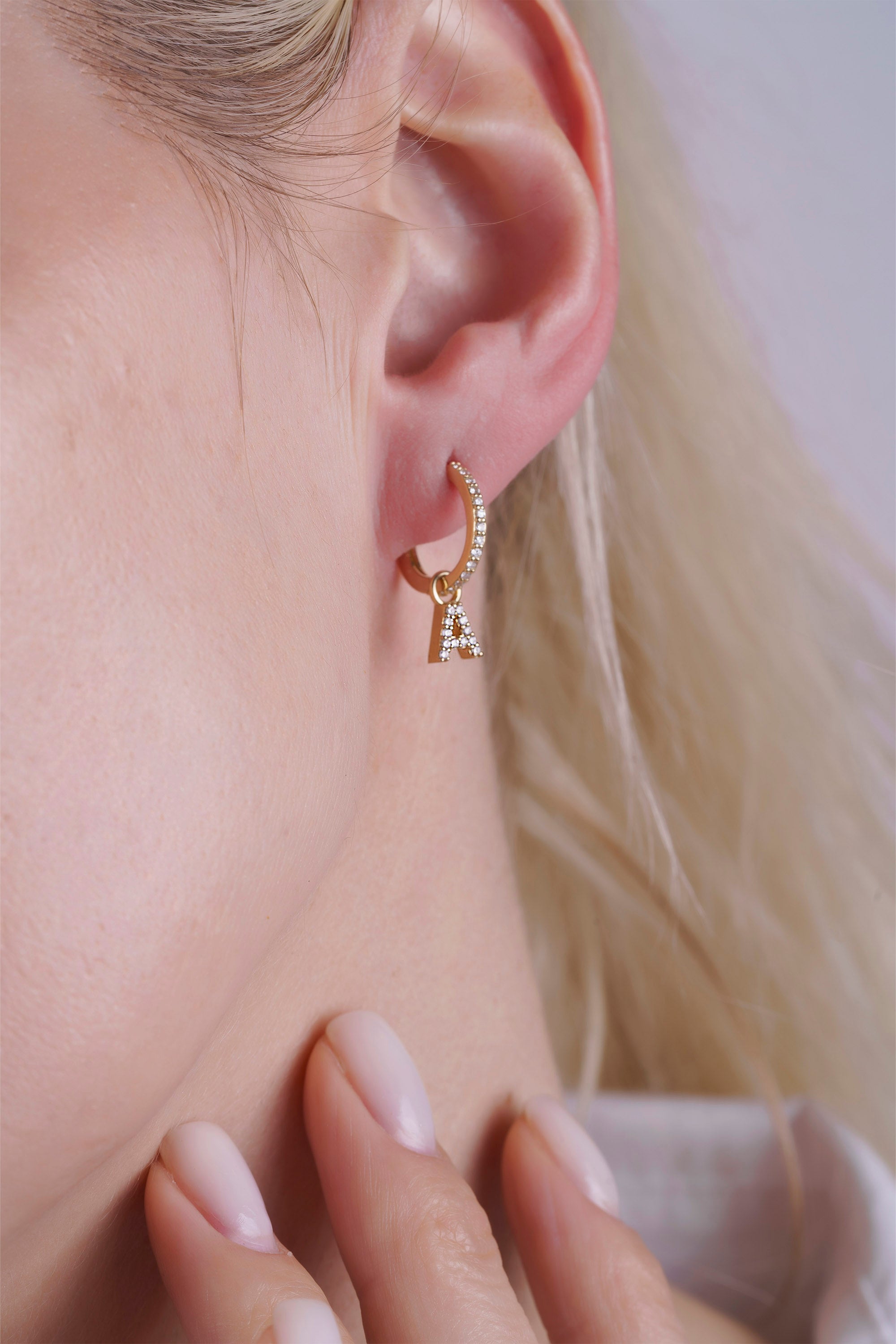14K Gold Diamond Initial Hoop Earrings / Natural Diamond Letter Huggie Earring