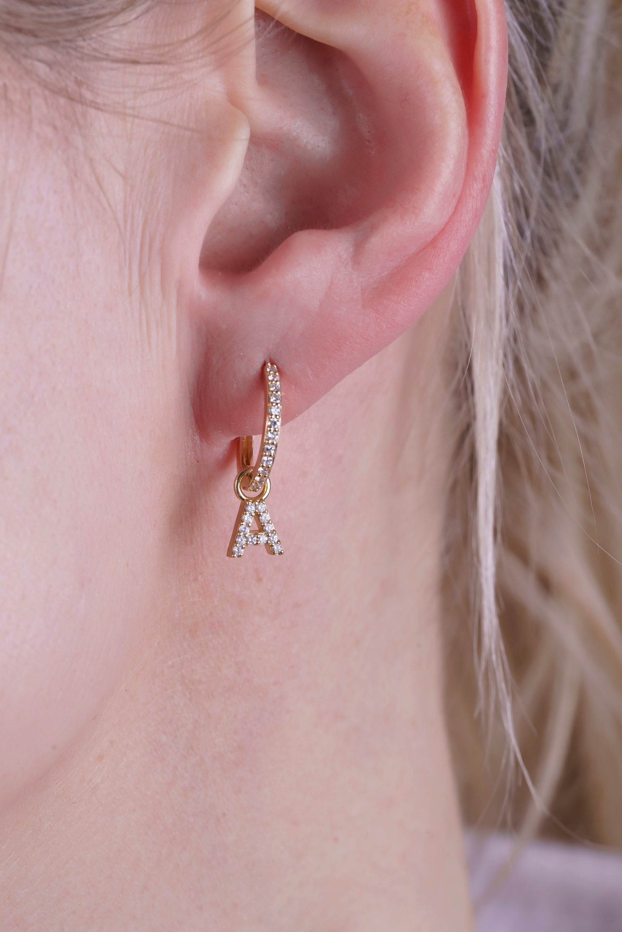 14K Gold Diamond Initial Hoop Earrings / Natural Diamond Letter Huggie Earring