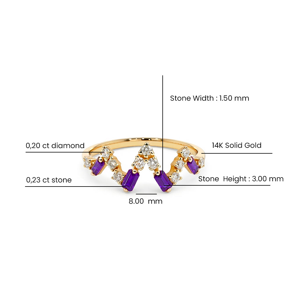 14K Gold Amethyst Crown Ring, Diamond Chevron Ring