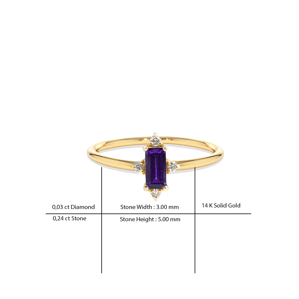 14K Gold Amethyst Baguette Ring / Diamond Amethyst Ring