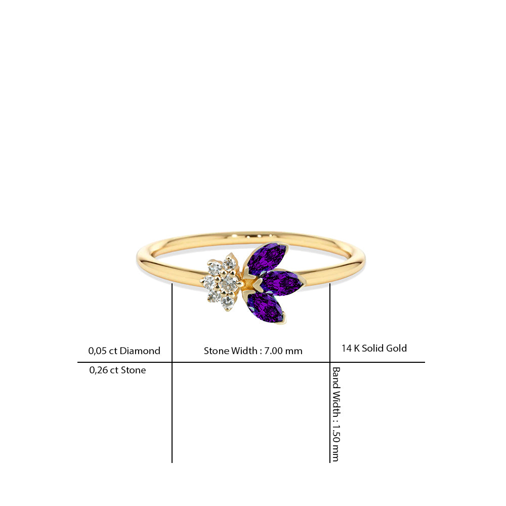 14K Gold Amethyst Diamond Leaf Ring / Amethyst Botanical Branch