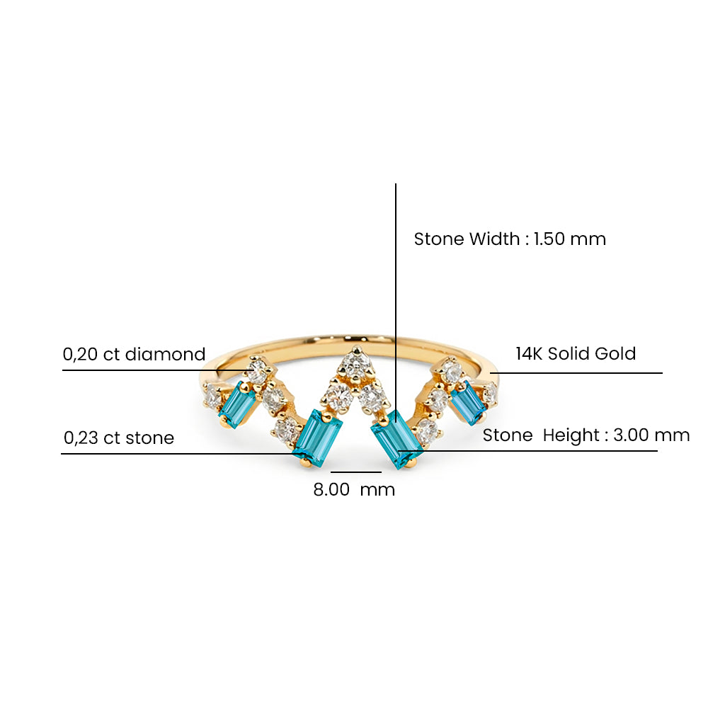 14K Gold Aquamarine Crown Ring, Diamond Chevron Ring