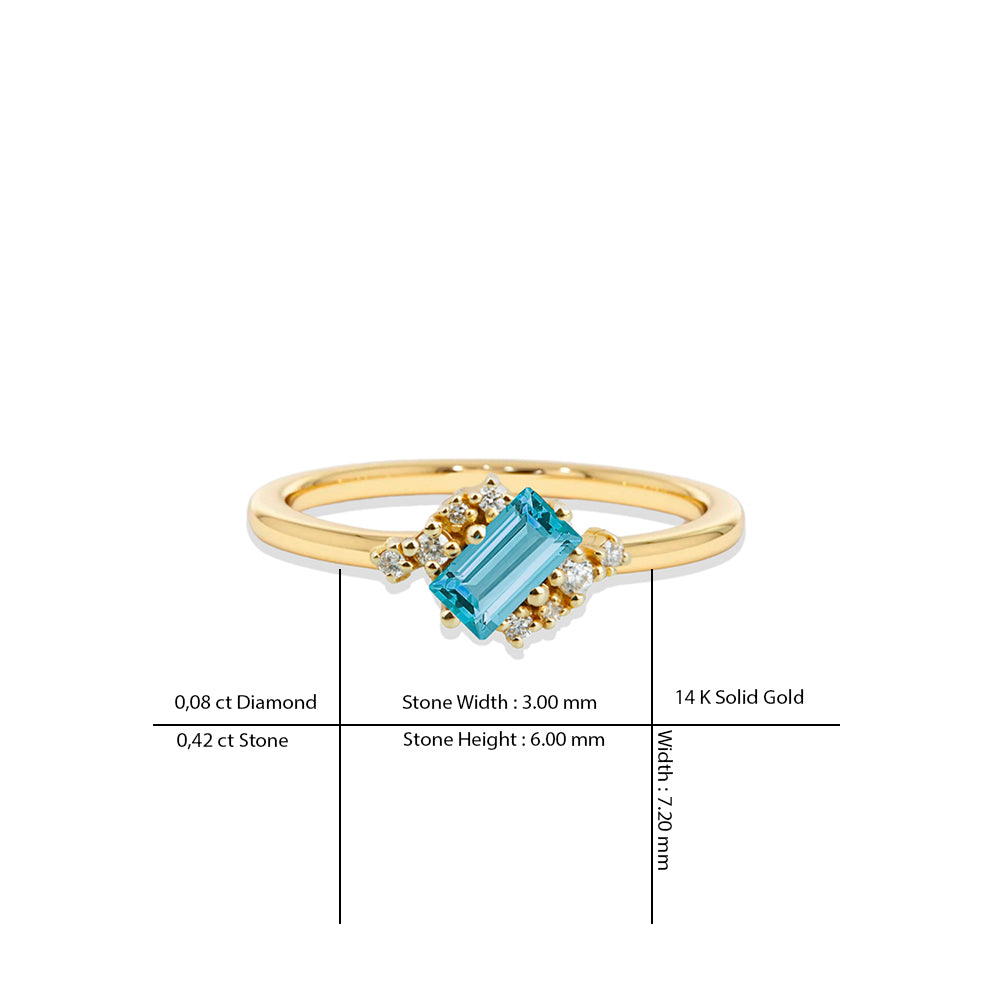 14K Gold Aquamarine Diamond Ring / Geometric Blue Gemstone