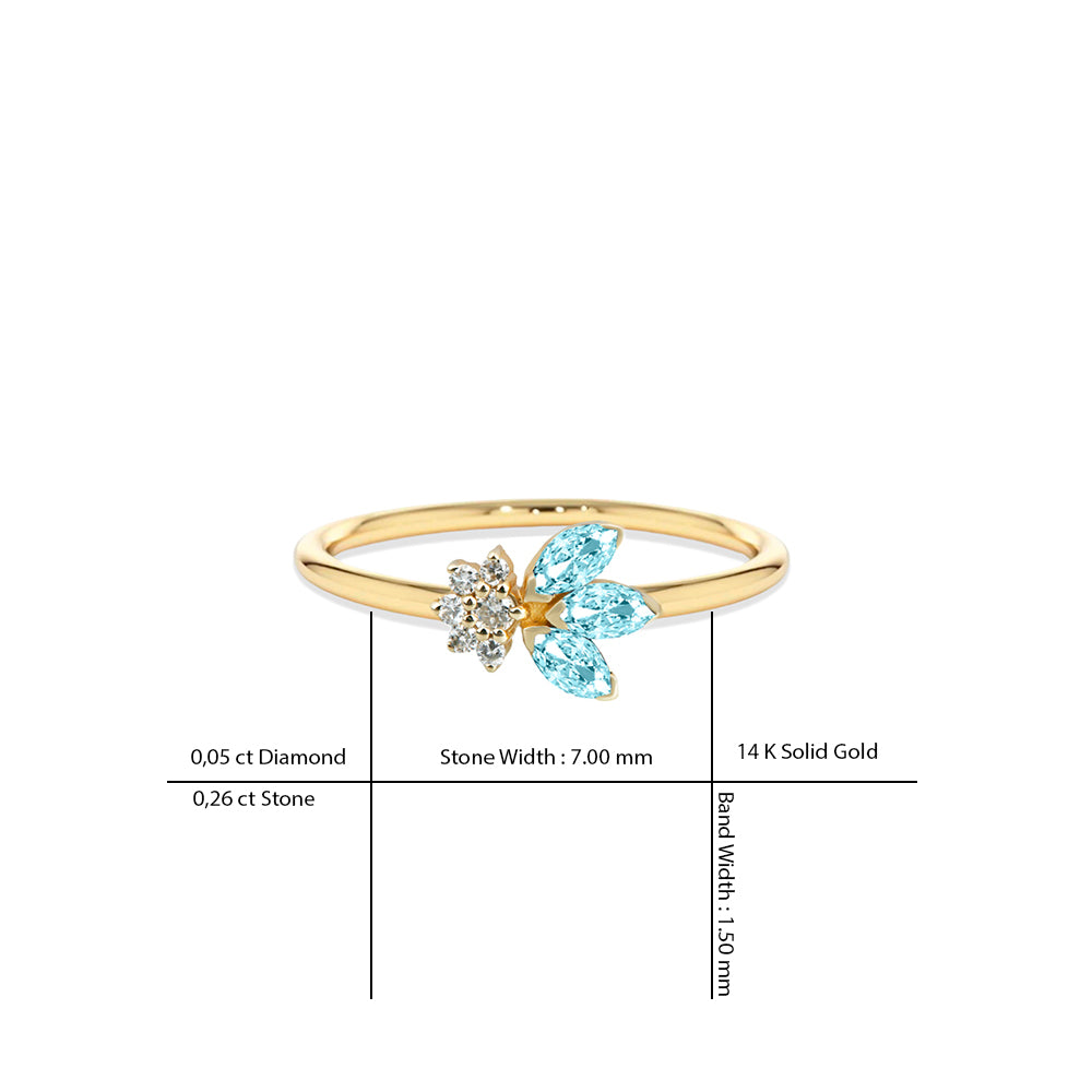 14K Gold Aquamarine Leaf Ring / Diamond Ring