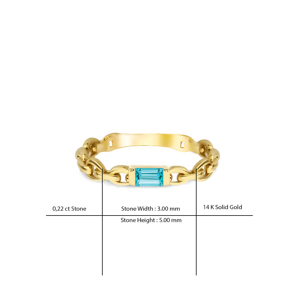 14K Gold Aquamarine Chain Ring / Ocean Blue Stone Jewelry
