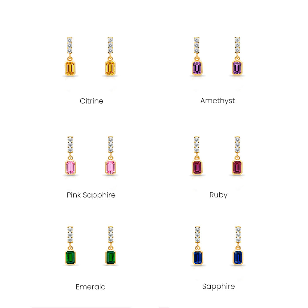 14K Gold White Sapphire Rectangular Earrings
