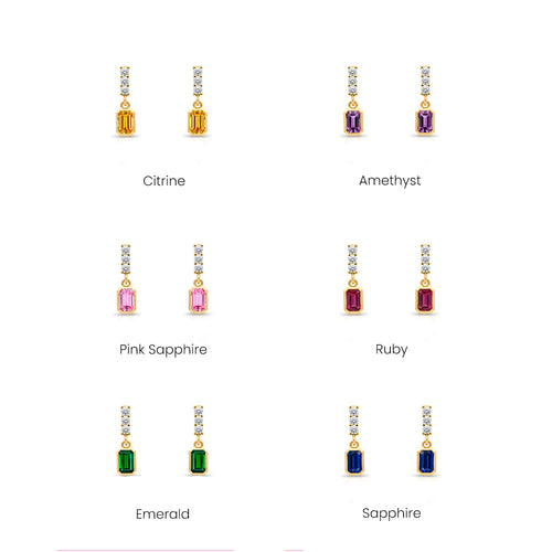 14K Gold White Sapphire Rectangular Earrings