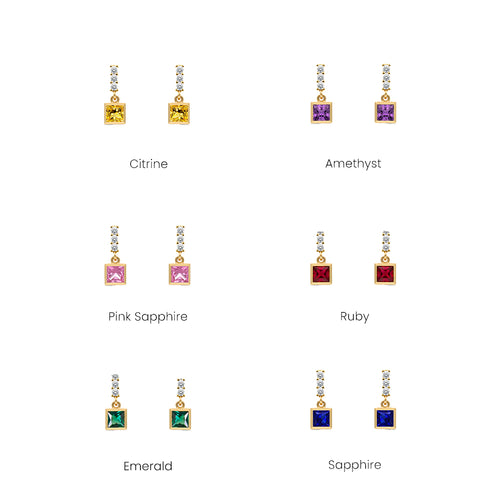 14K Gold White Sapphire Square Earrings