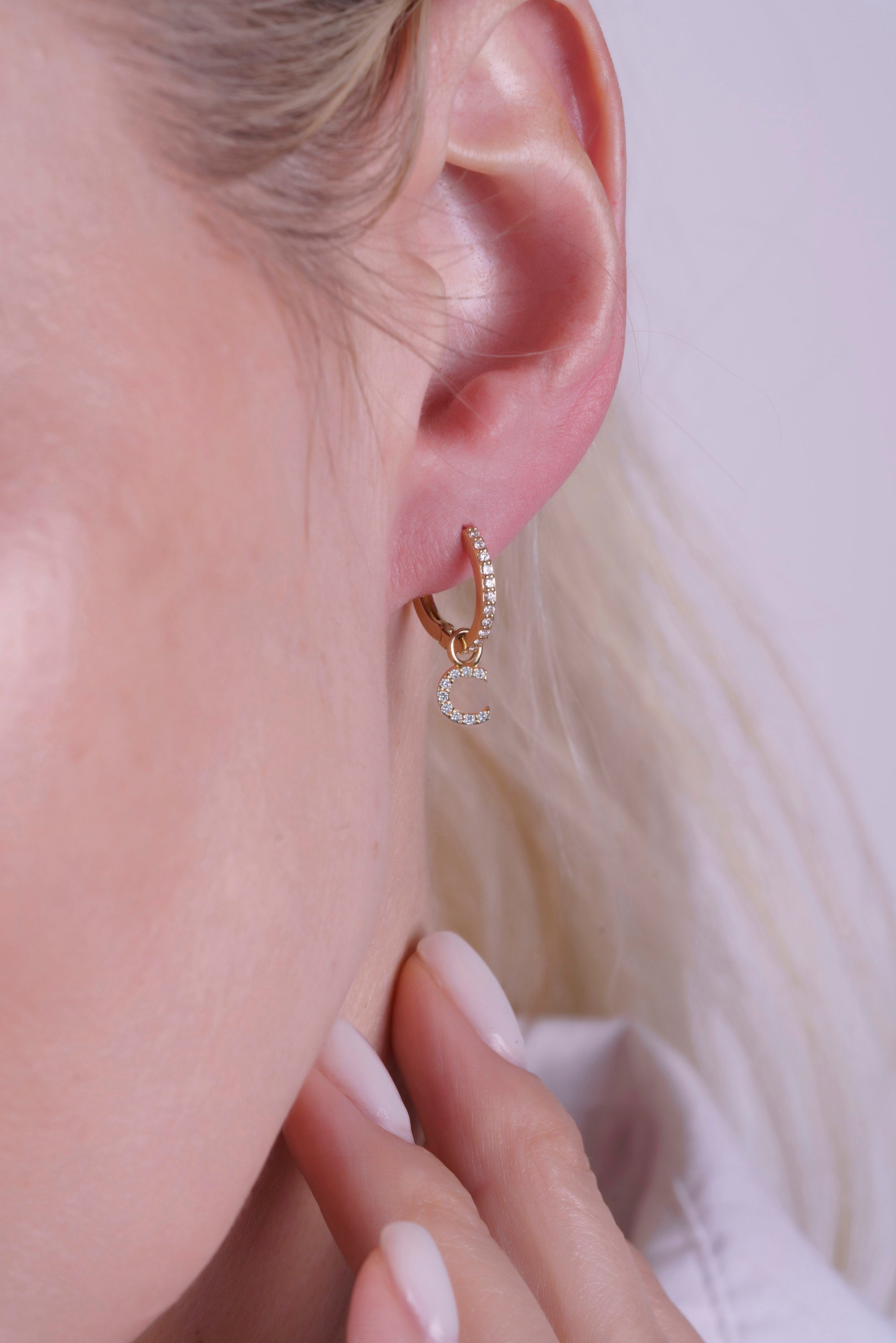 14K Gold Diamond Initial Hoop Earrings / Natural Diamond Letter Huggie Earring