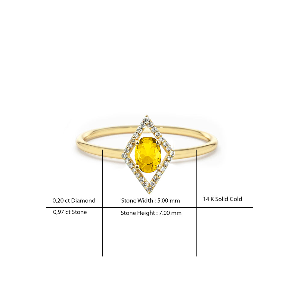 Kite Halo Citrine Ring / 14K Gold Yellow Gemstone Ring
