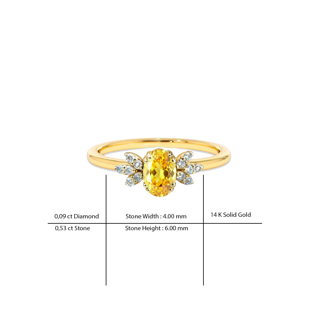 14K Gold Diamond Oval Citrine Ring