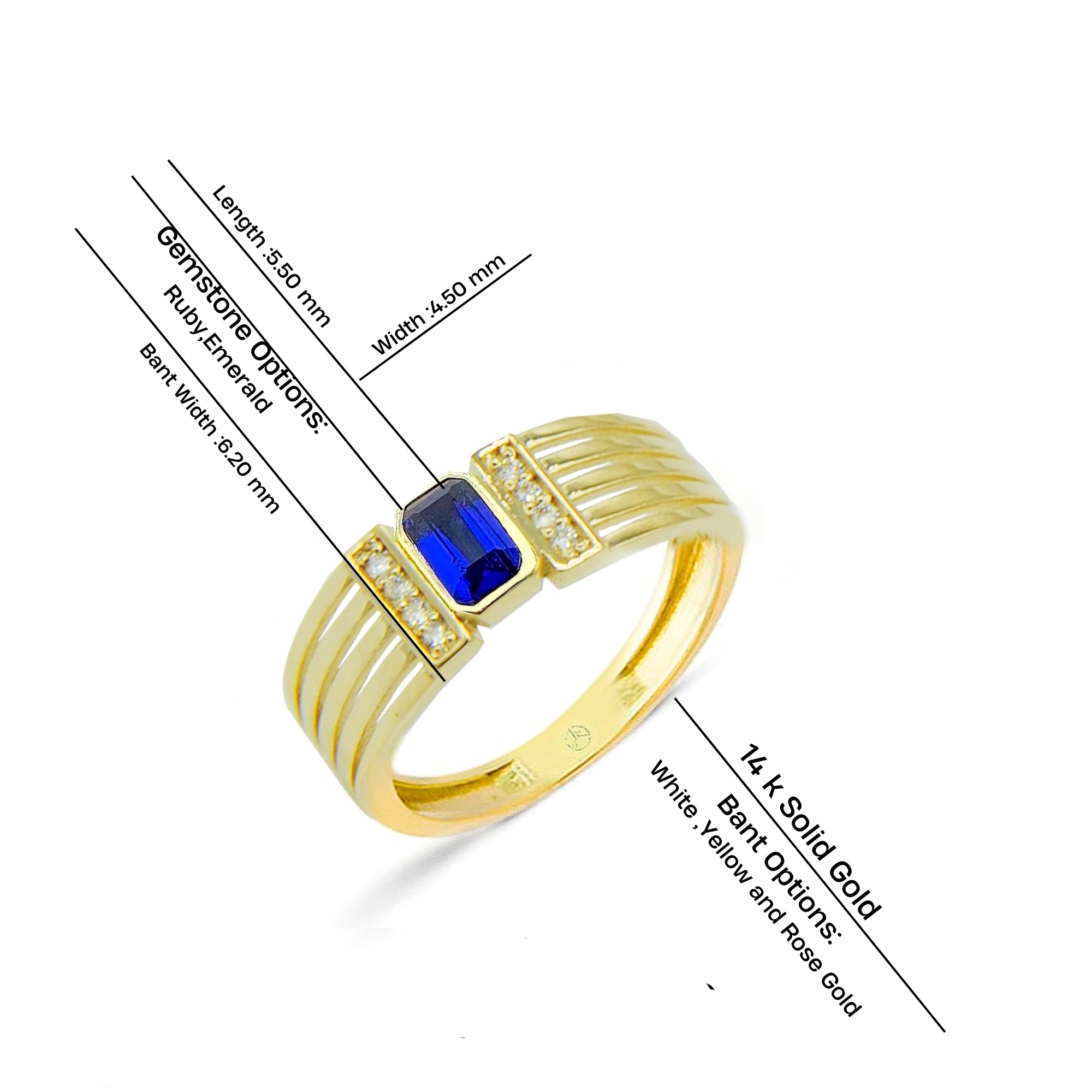 14K Gold Emerald Cut Blue Sapphire Ring