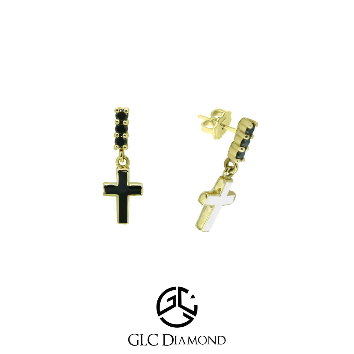 14K Gold Black Enamel Cross Earrings / Gothic Jewelry for Women